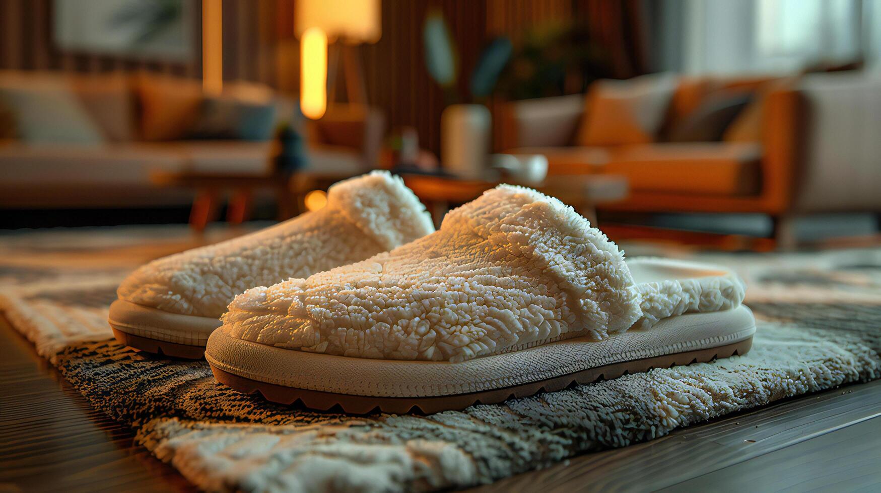 A pair of slippers on a rug photo