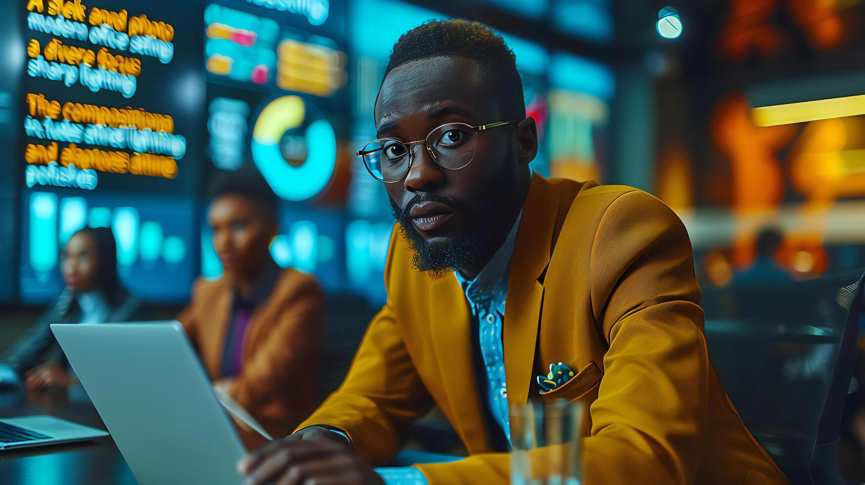 A man in a suit sitting at a table with a laptop photo