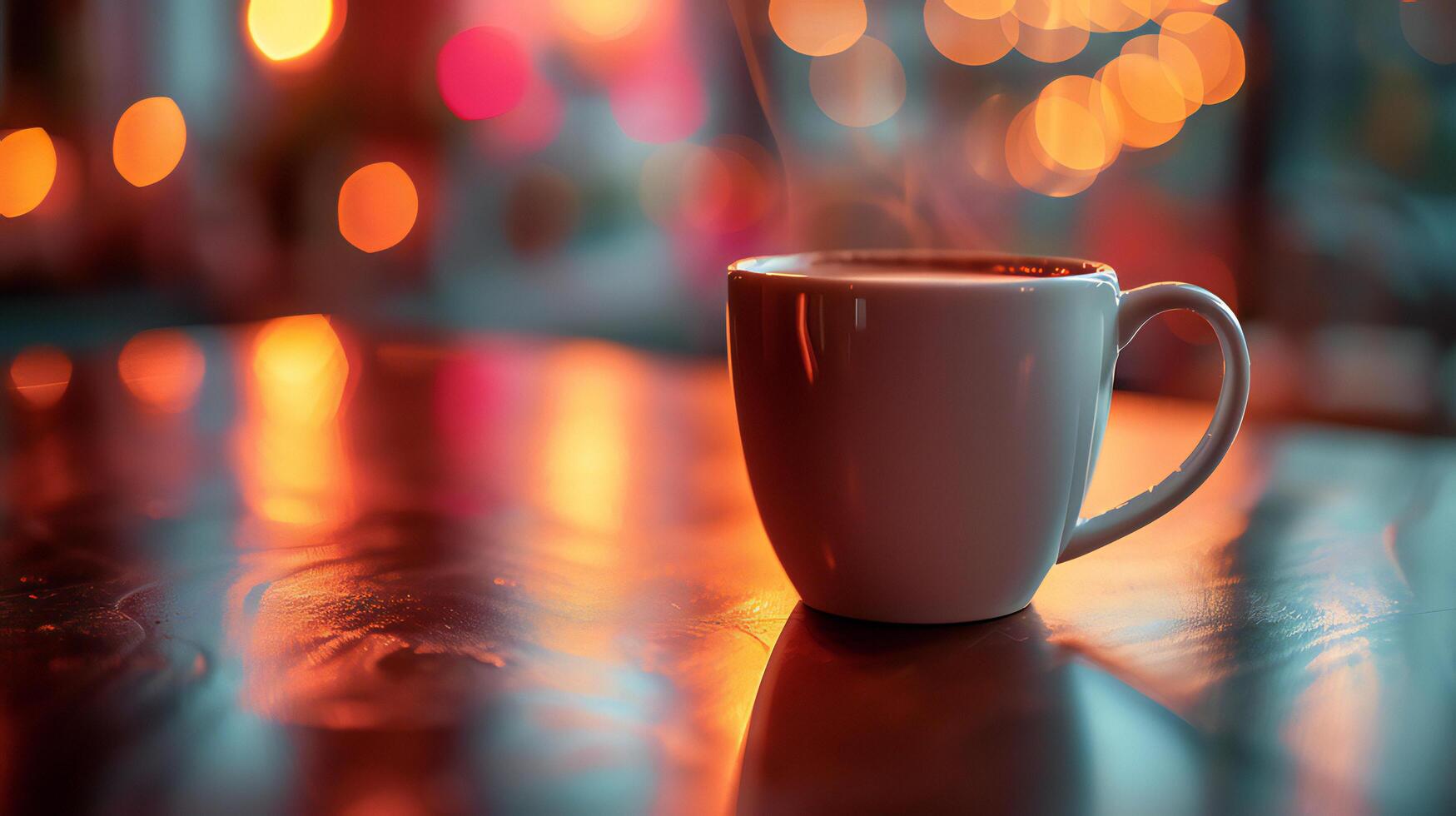 A coffee cup sitting on a table in front of a blurry background photo