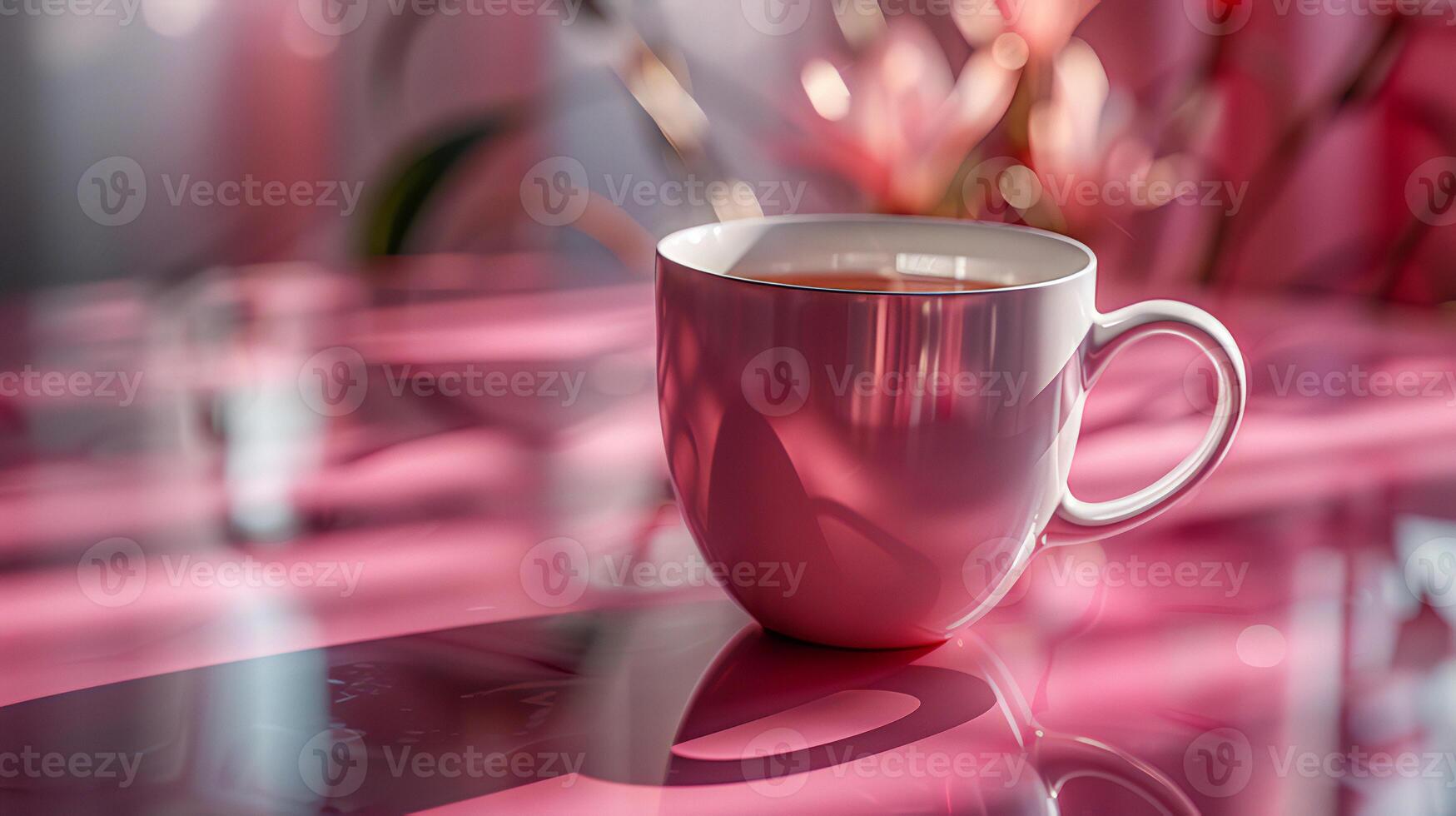 A cup of tea sits on a table in front of a window photo
