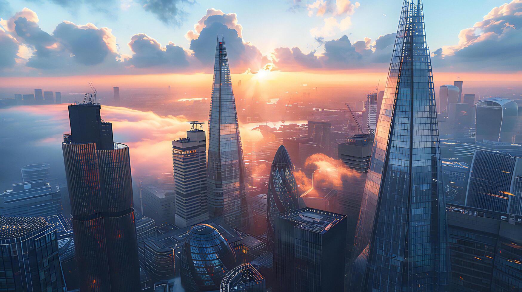 A cityscape with tall buildings and a sun setting photo