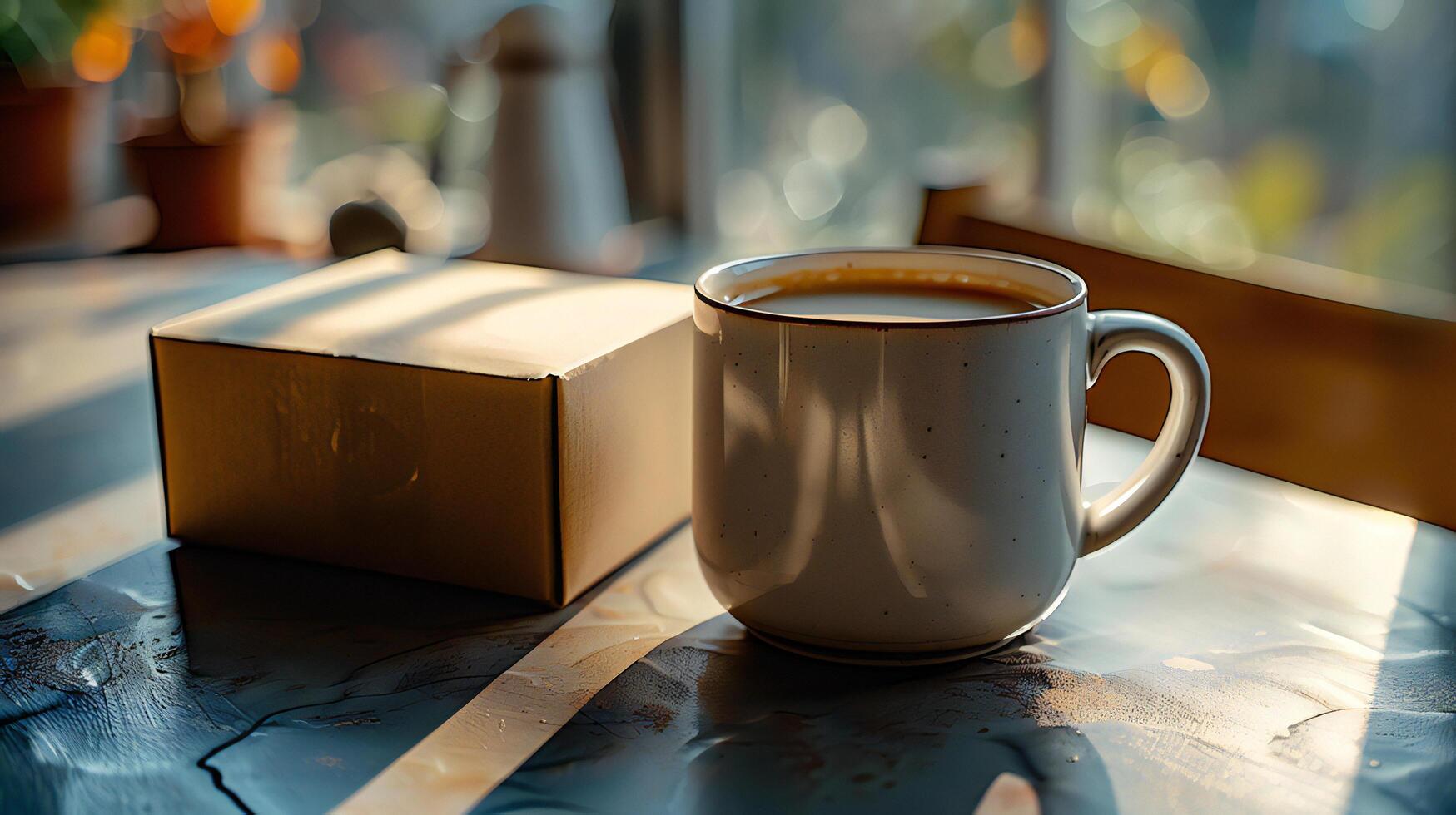 A coffee cup and a box on a table photo
