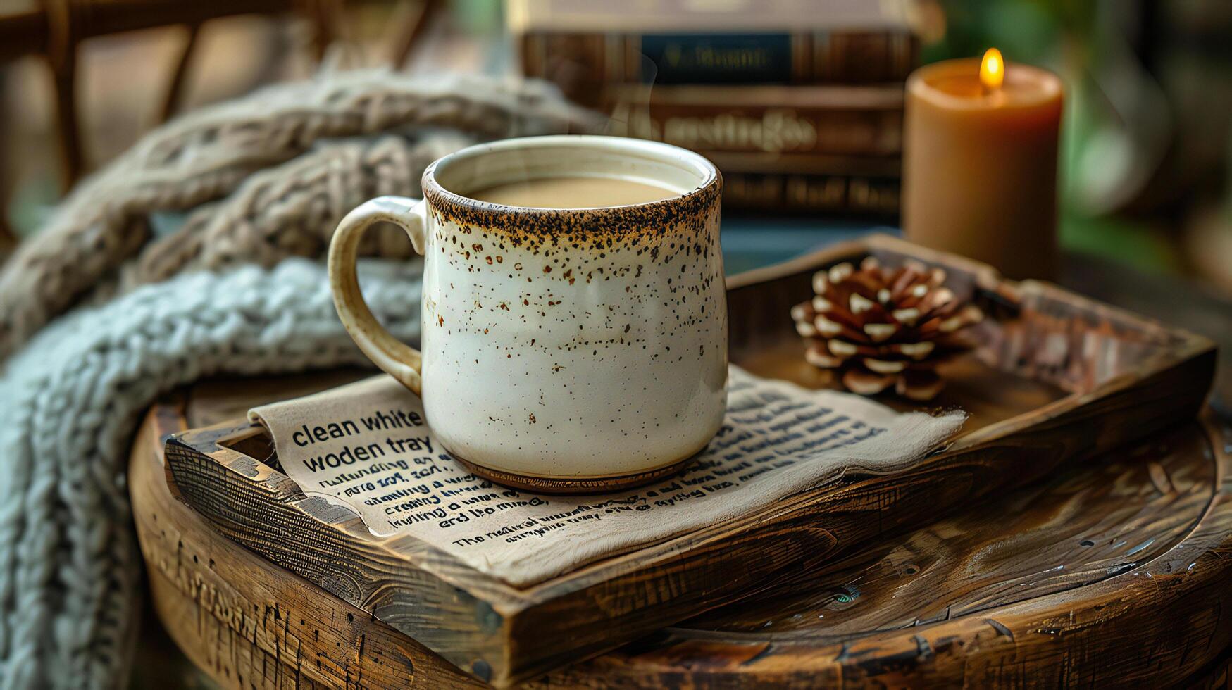 A cup of coffee sits on a wooden tray with a book and candle photo