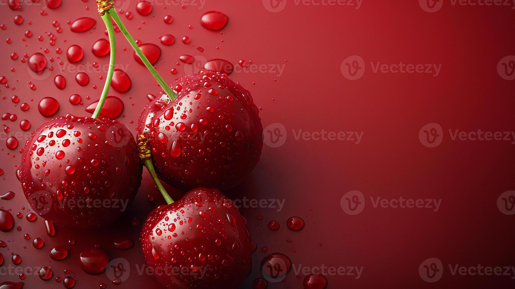 Three cherries are sitting on a red background photo