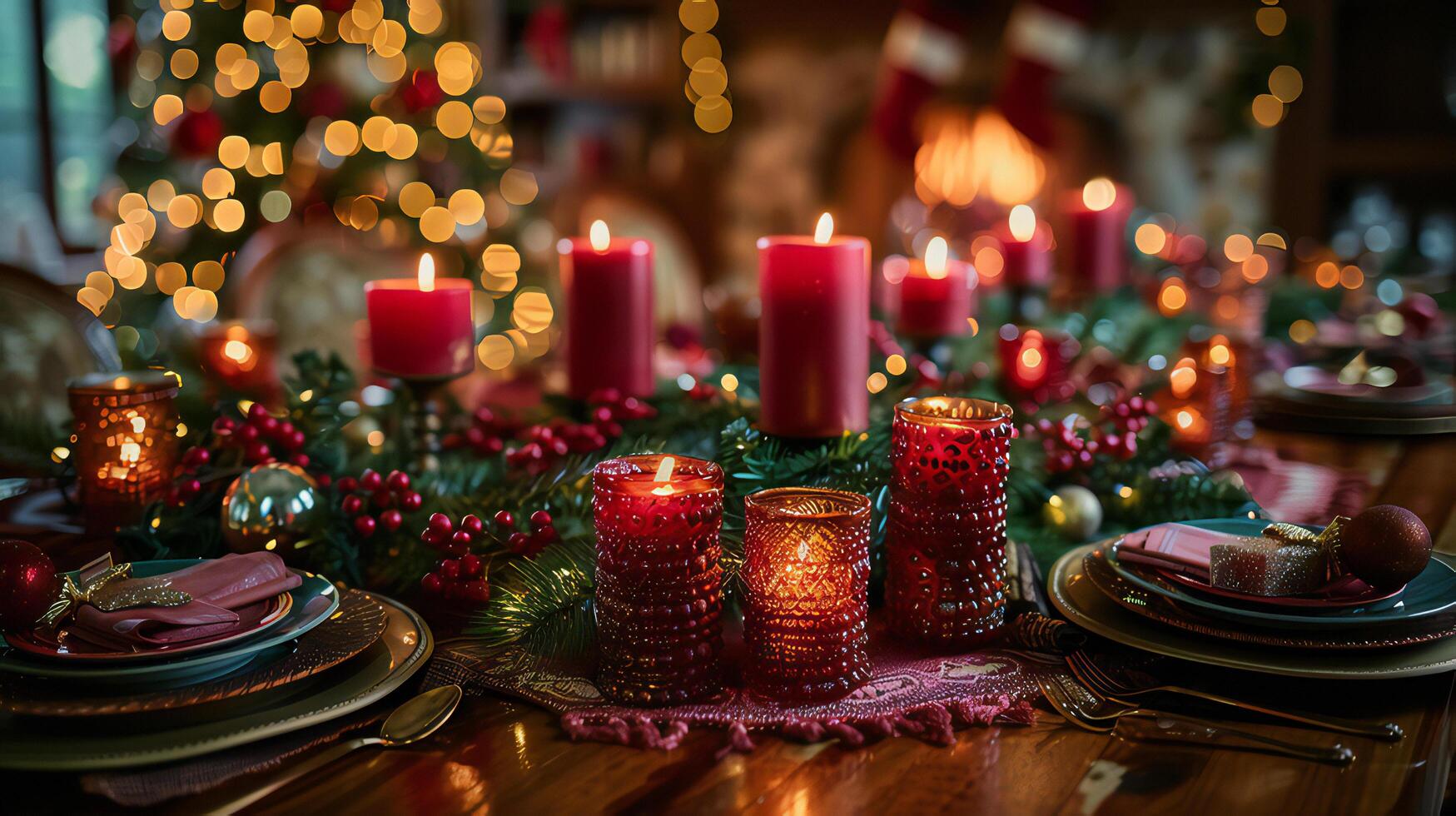 A table setting with red candles and christmas decorations photo