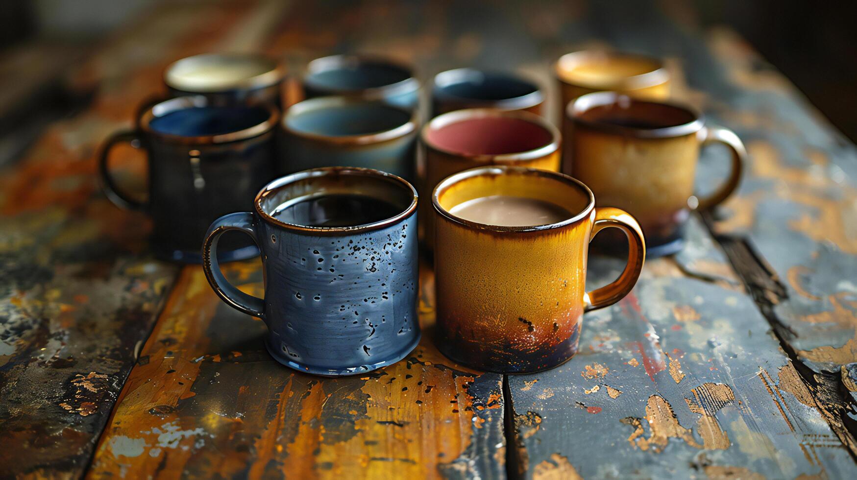 A table with several mugs on it photo