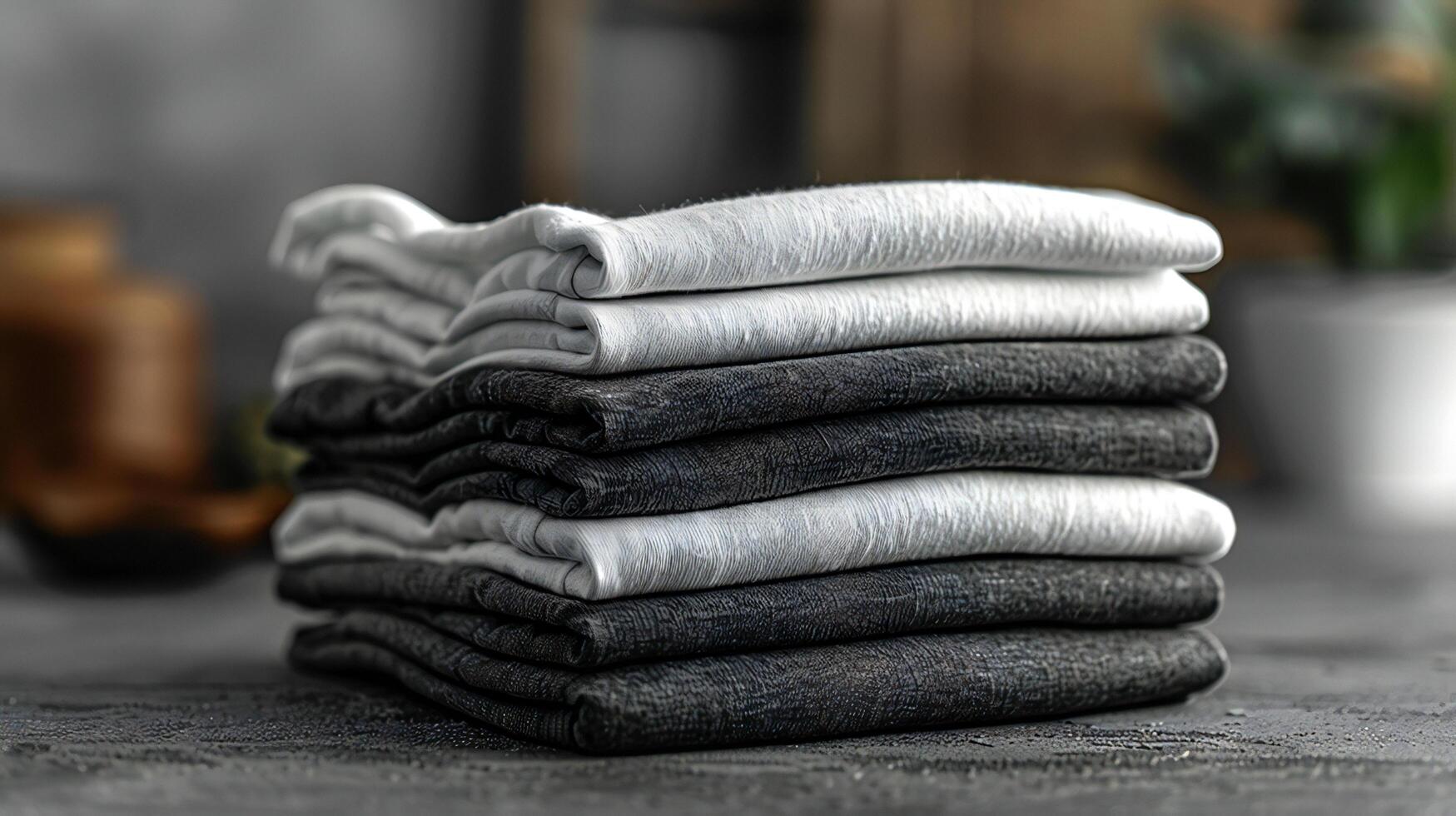 Stack of folded black and white shirts on a table photo