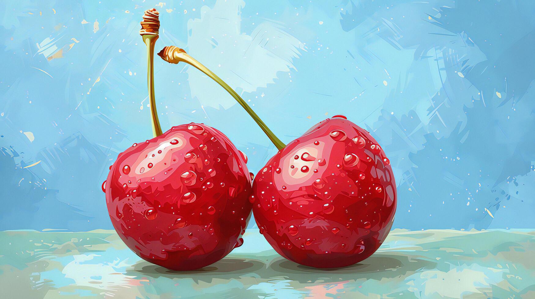 Two cherries on a table photo