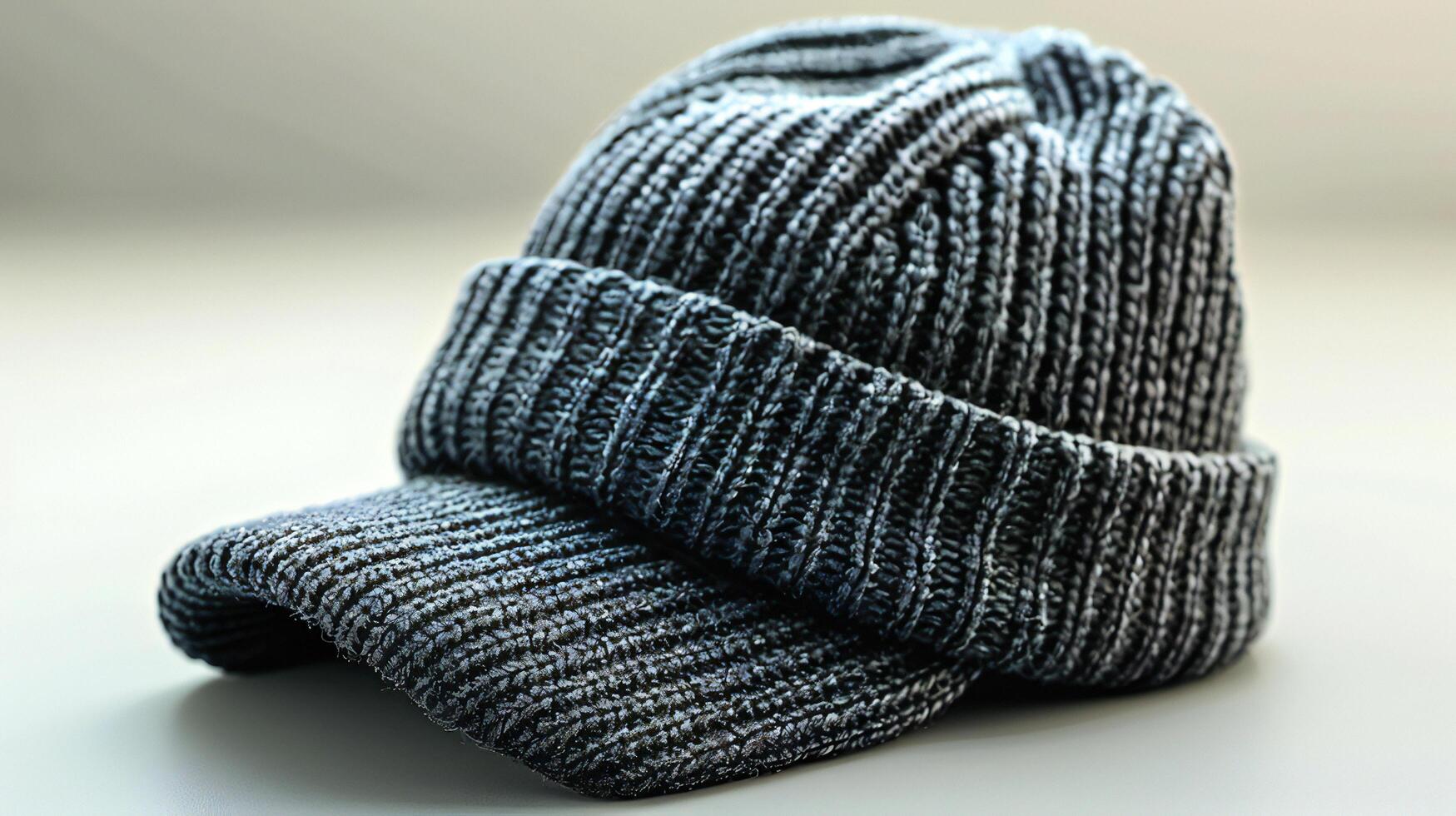A gray knit hat is shown on a white surface photo