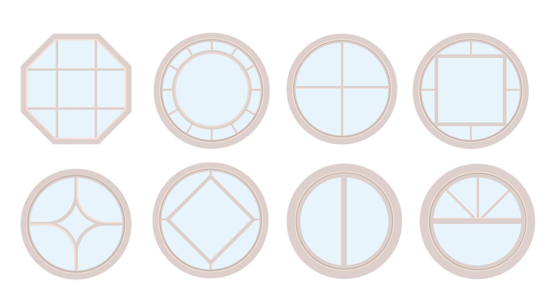 Houses and apartments round windows types. Exterior and interior design, home renovation architecture .Set of wooden or plastic frames. Arched and semicircle vector
