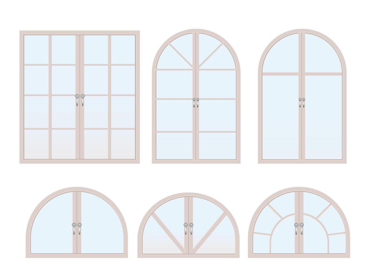 Windows types. Exterior and interior design, home renovation architecture .Set of wooden or plastic frames. Arched and semicircle vector