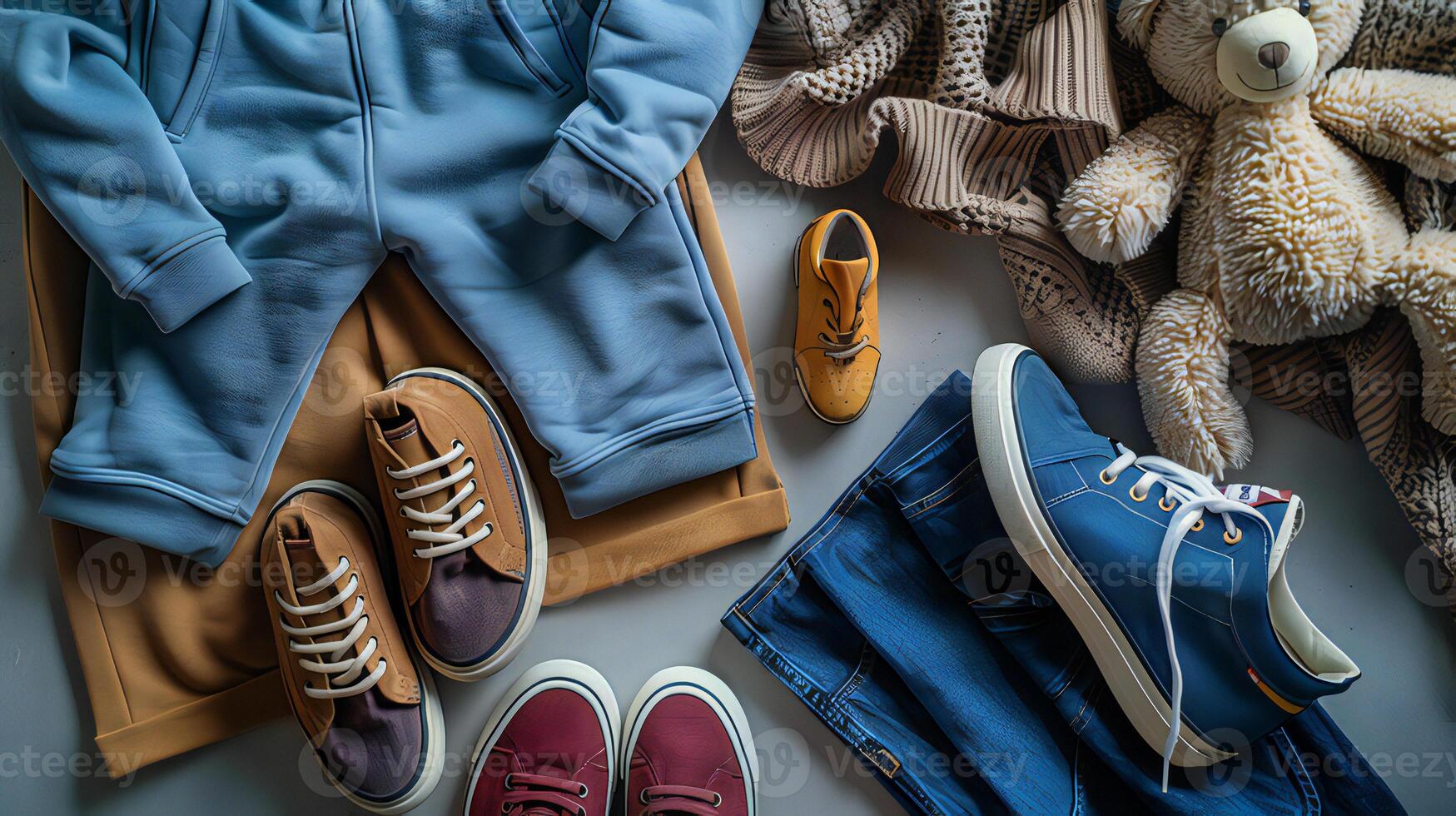 A teddy bear, a pair of shoes, and a pair of jeans photo