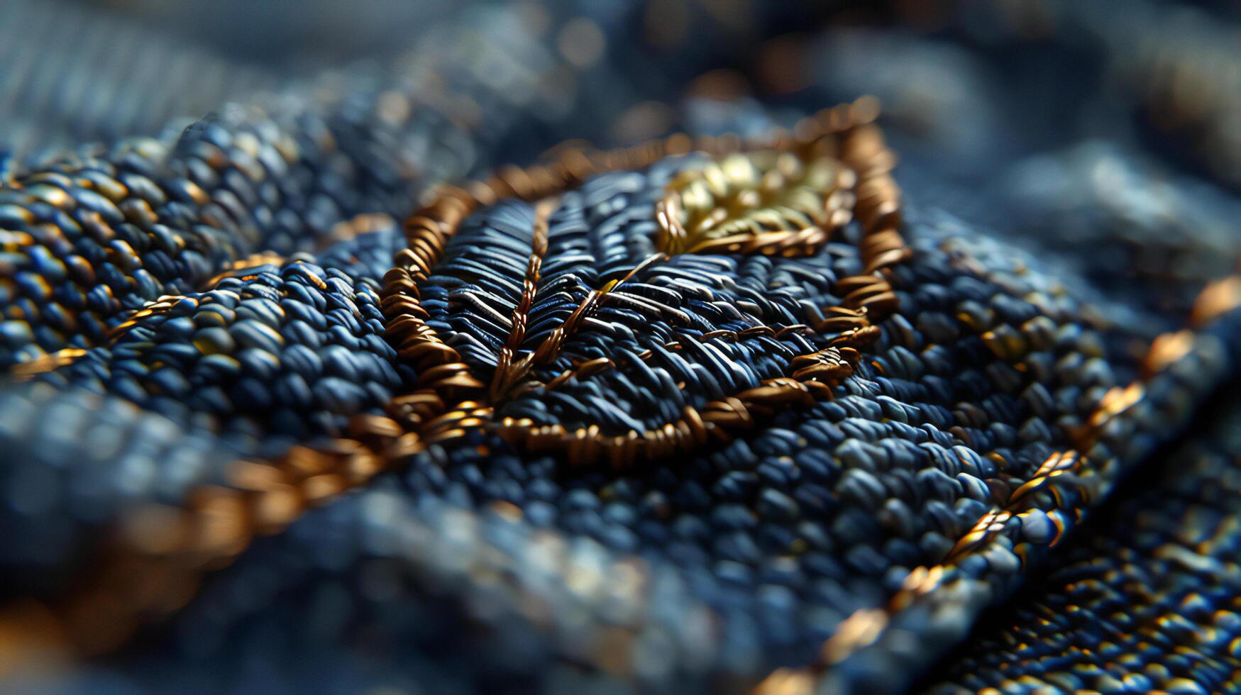 A close up of a piece of denim with a gold thread photo