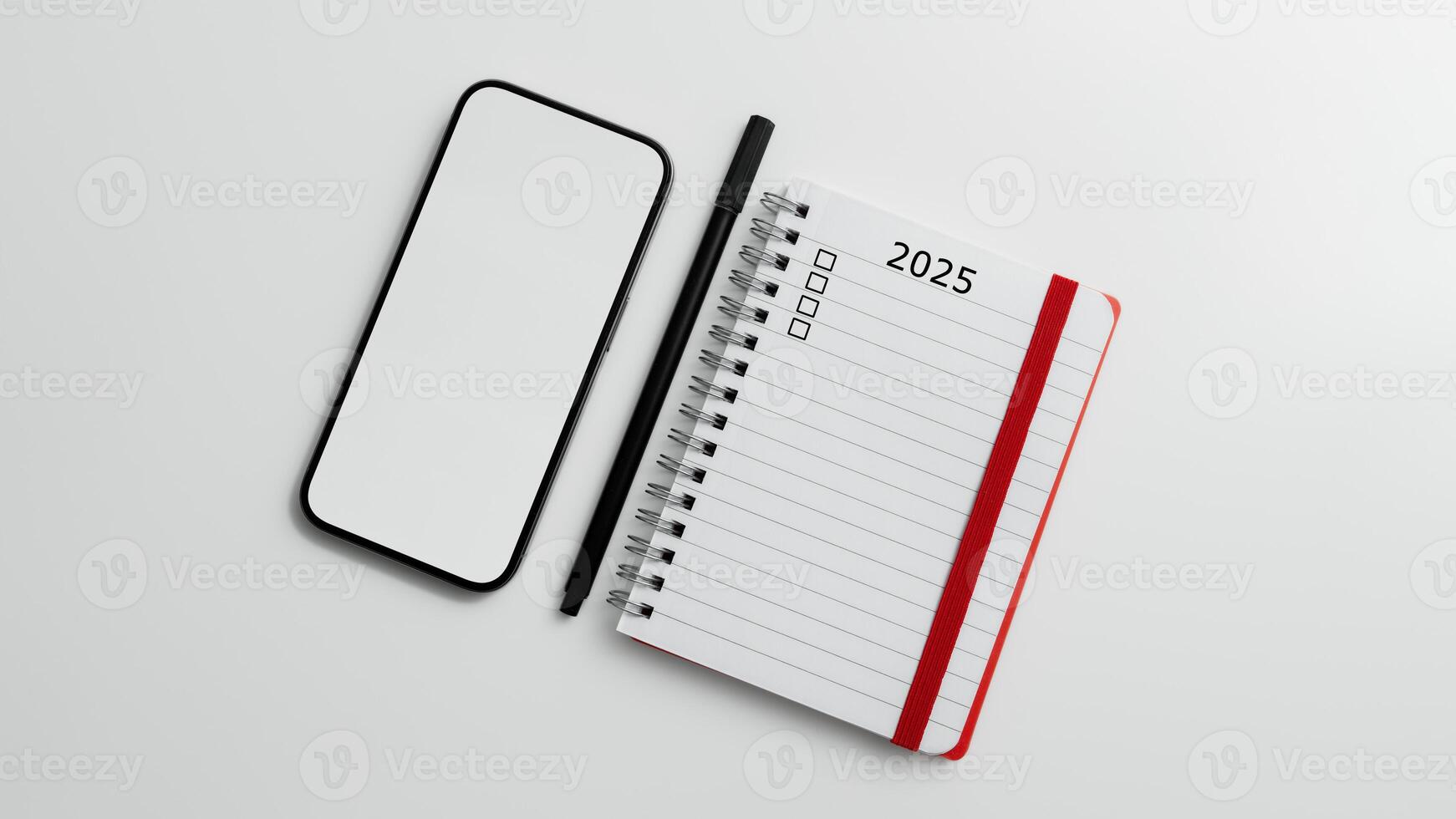 flat lay composition with notebook with text Plans 2025 with check boxes and blank smartphone mockup for text or design presentation photo