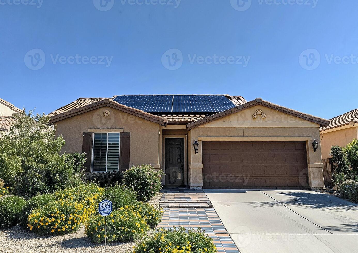 Modern Solar Panels Installed on California House Under Clear Blue Sunny Sky, Solar Photography, Solar Powered Clean Energy, Sustainable Resources, Electricity Source photo