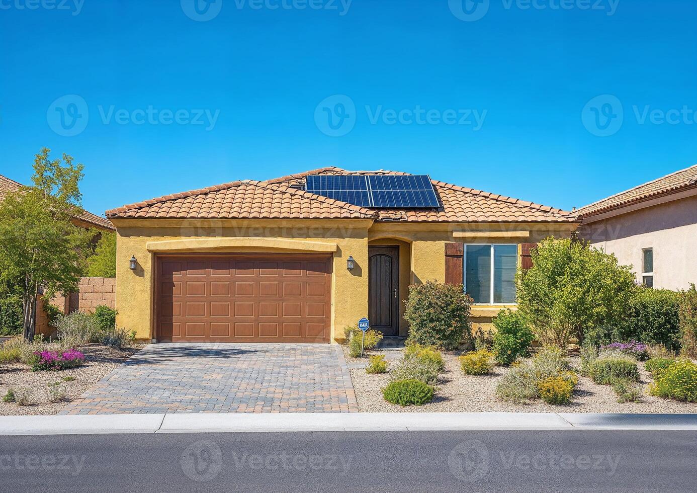 Modern Solar Panels Installed on California House Under Clear Blue Sunny Sky, Solar Photography, Solar Powered Clean Energy, Sustainable Resources, Electricity Source photo