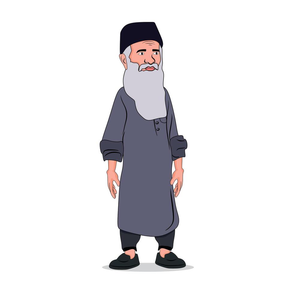 Pakistani old man with shalwar kameez or long white beard cartoon illustration vector