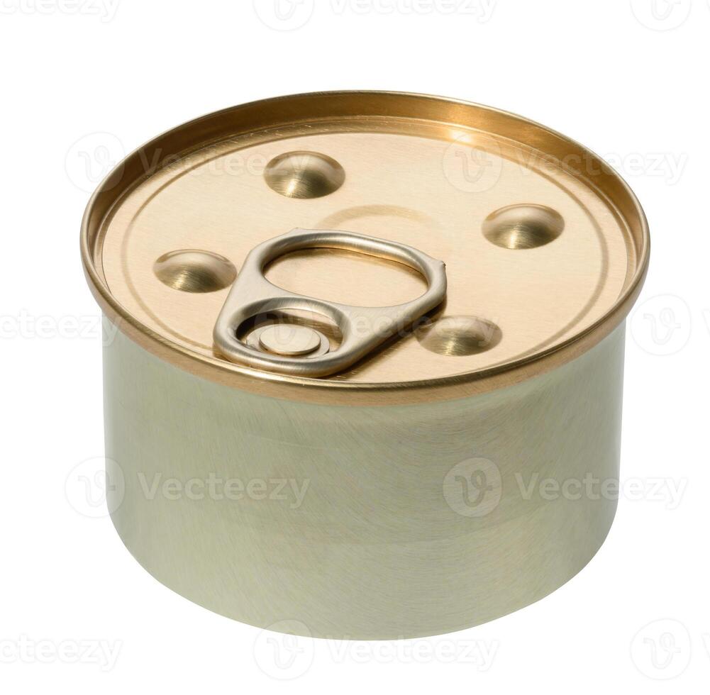 Round tin can with closed lid on isolated background photo