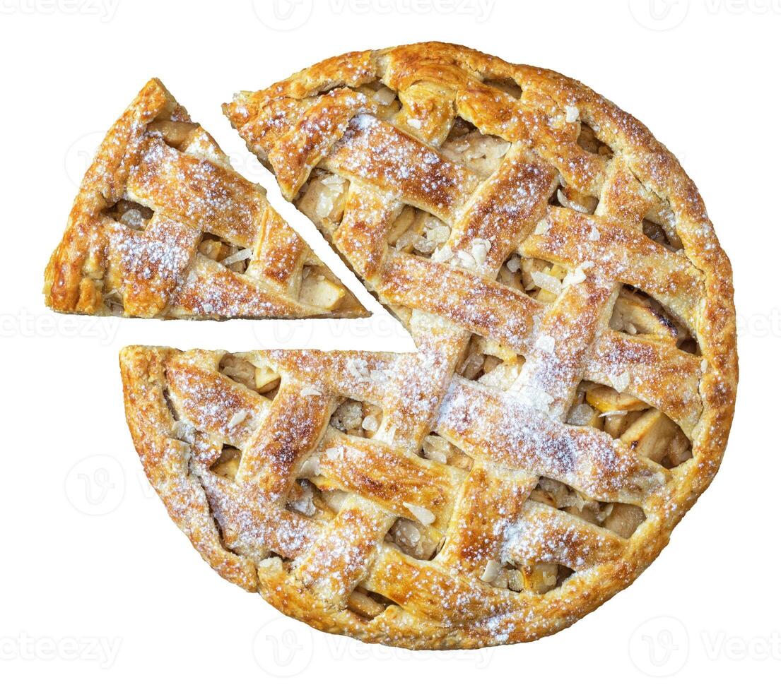 Baked round apple pie and triangle cut piece on isolated background photo