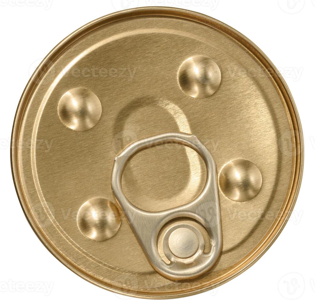 Round tin lid from a can of canned food on an isolated background photo