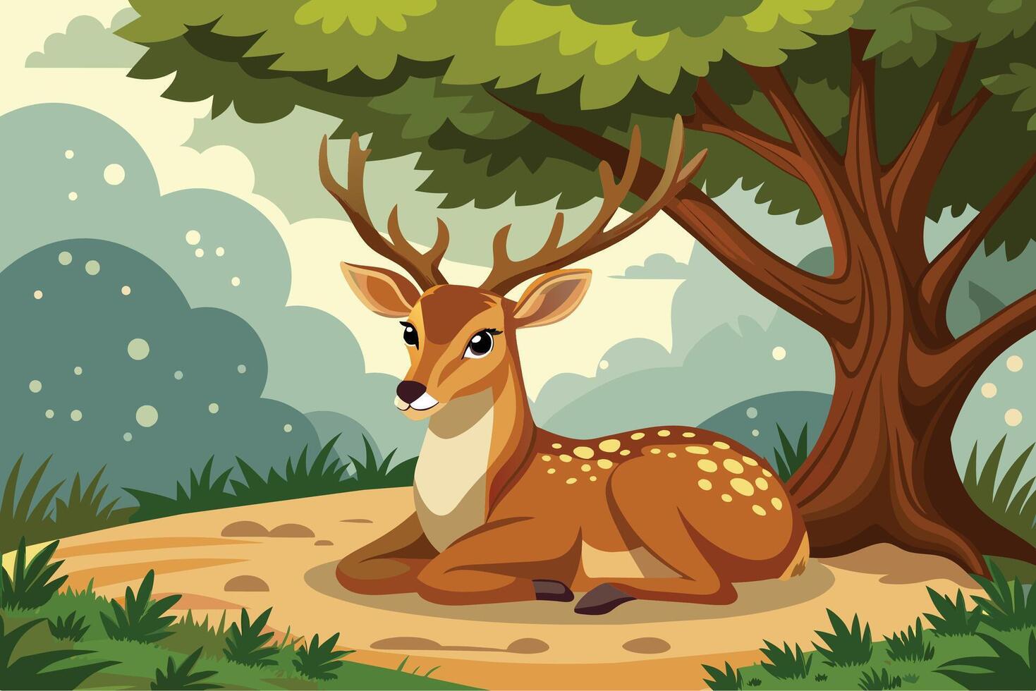 Deer resting under a shady tree illustration vector