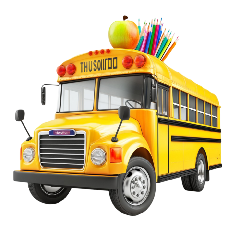 School Bus with Apples and Pencils on Top png