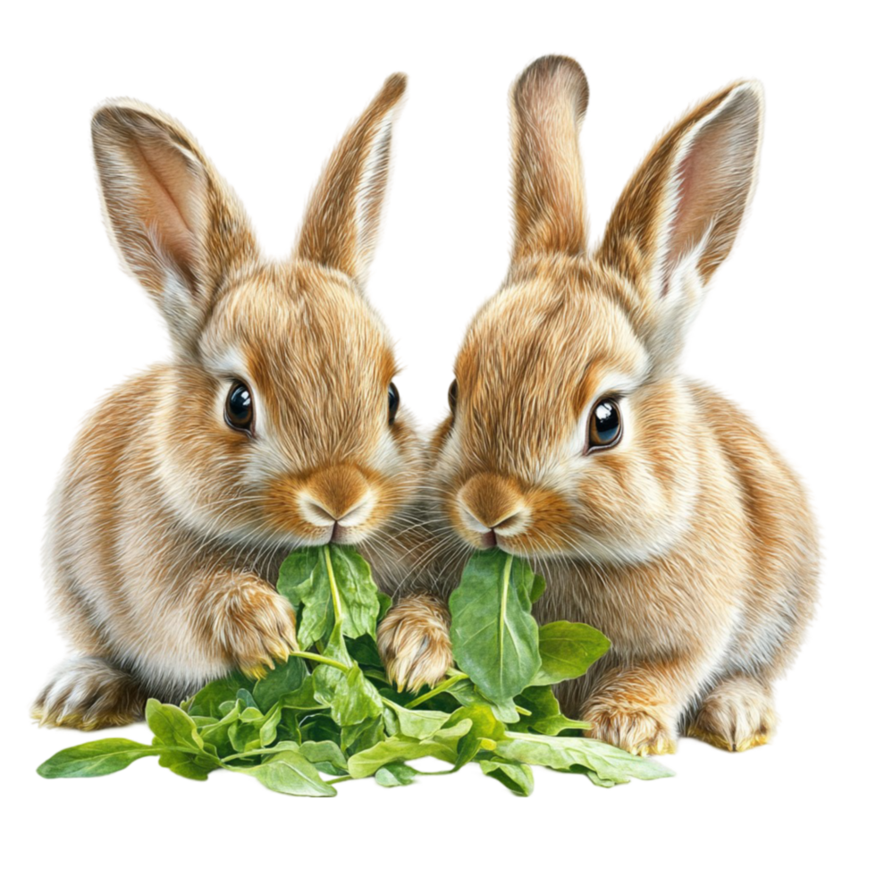 Two Rabbits Eating Greens on Transparent Background png