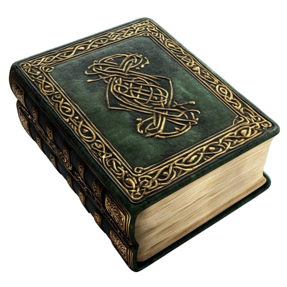 Old Book with Green Cover and Gold Trim on Transparent Background png