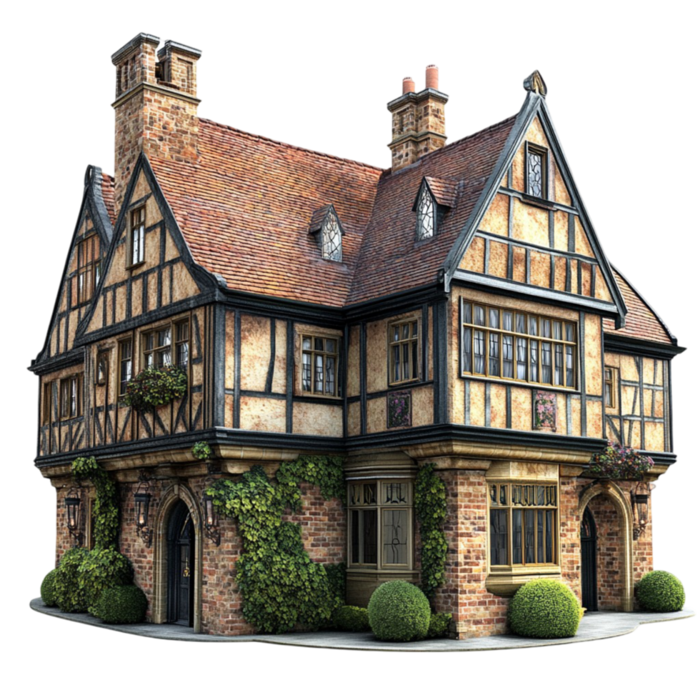 Vintage English Cottage with Spacious Front Porch on Transparent Background png