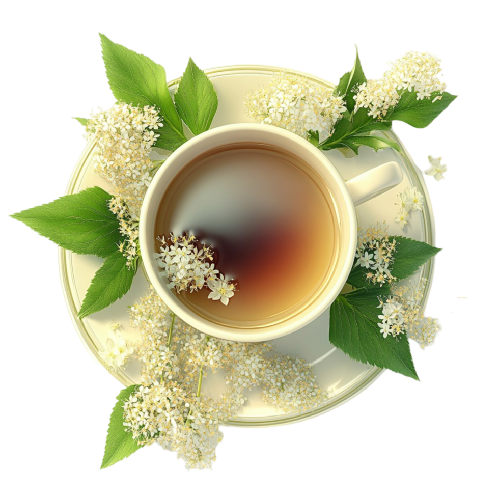 Cup of Tea with Flowers on a Saucer on White Background png