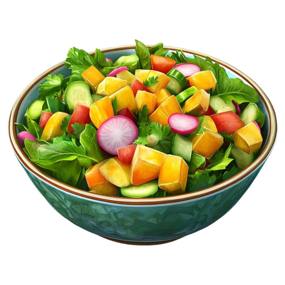 Bowl of Salad with Cucumbers, Radishes, and Tomatoes on Transparent Background png