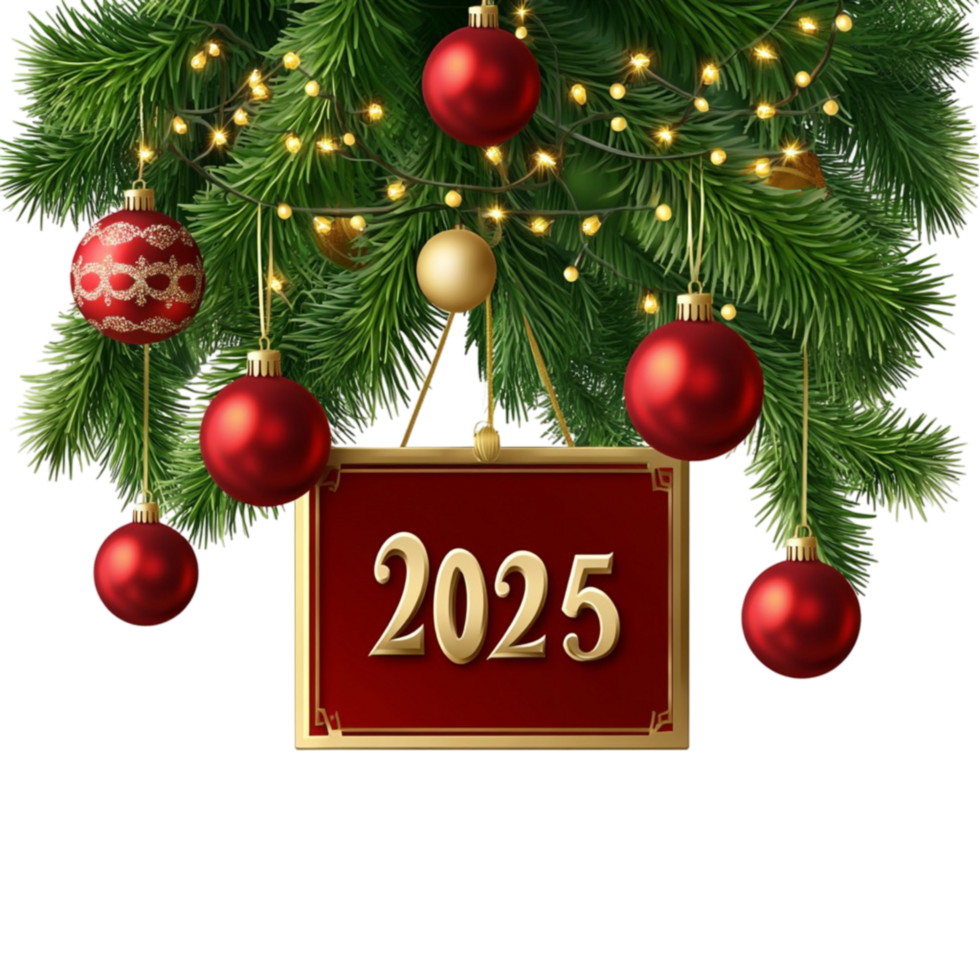 Christmas Tree with Decorations and the Number 2025 on Transparent Background png
