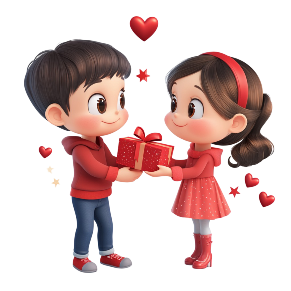 Cartoon Boy and Girl Holding a Gift Box with Hearts Around Them png