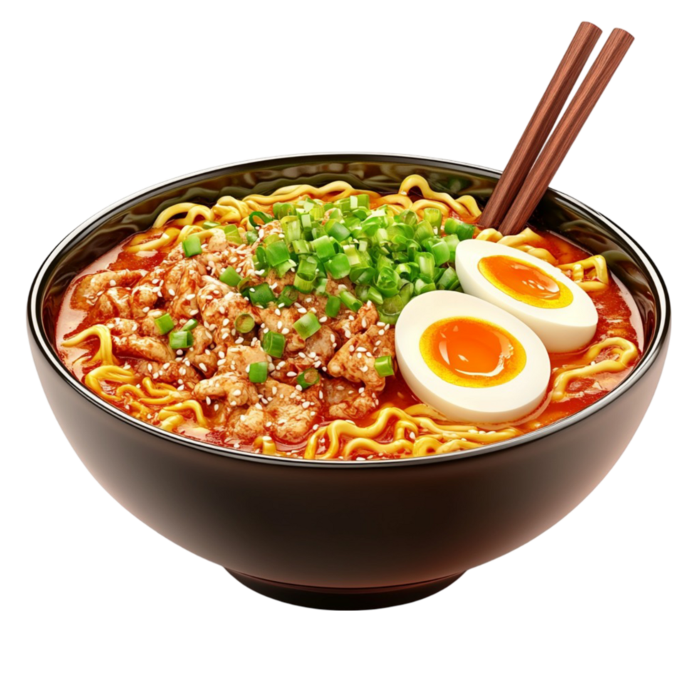 Ramen Noodles with Egg and Chopsticks on Transparent Background png