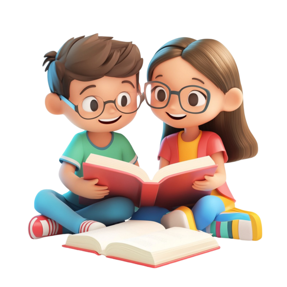 Cartoon Boy and Girl Enjoying a Book on Transparent Background png