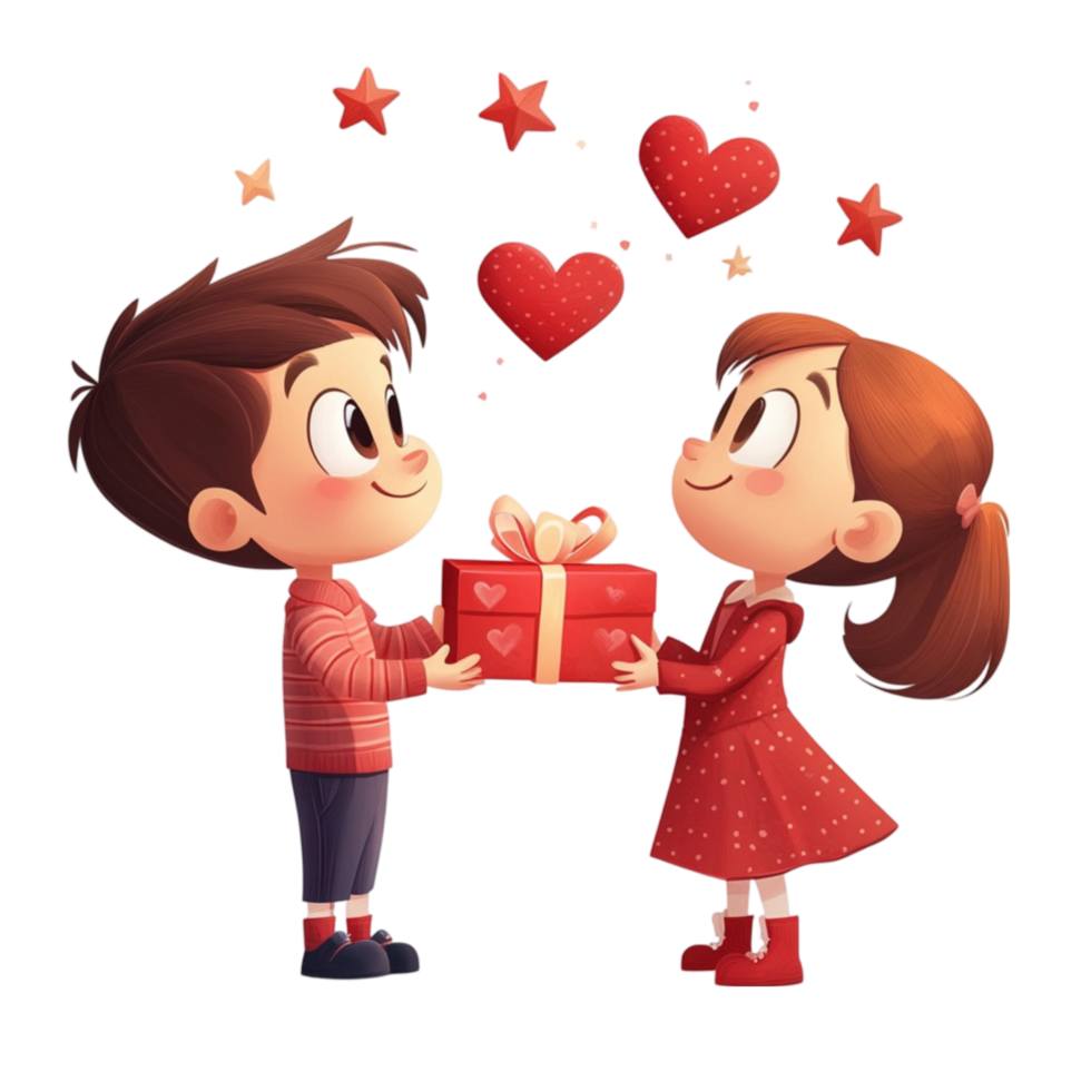 Cartoon Boy and Girl Giving Each Other a Gift on Valentine's Day png