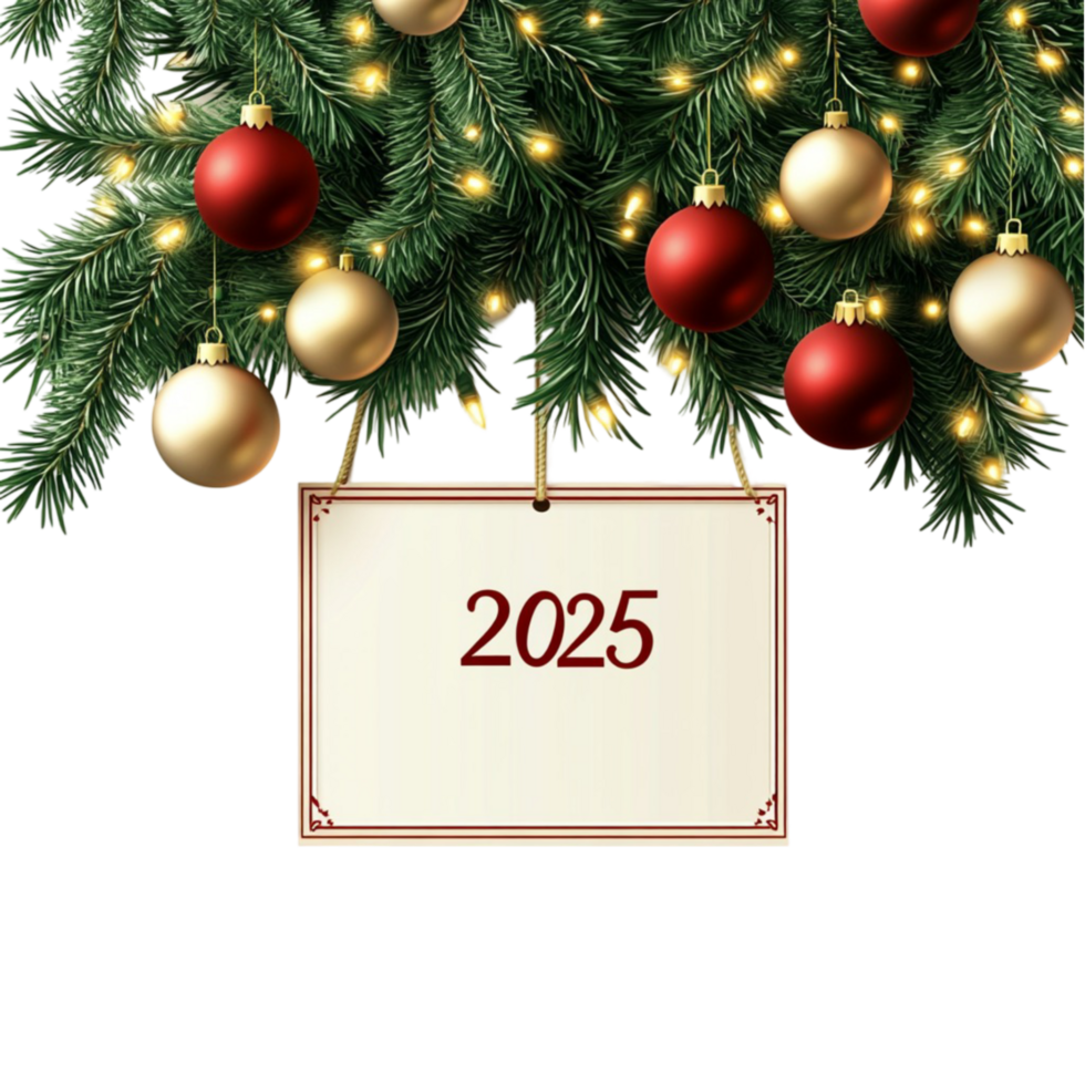 Christmas Tree with Decorations and a Blank Sign for the Year 2025 png