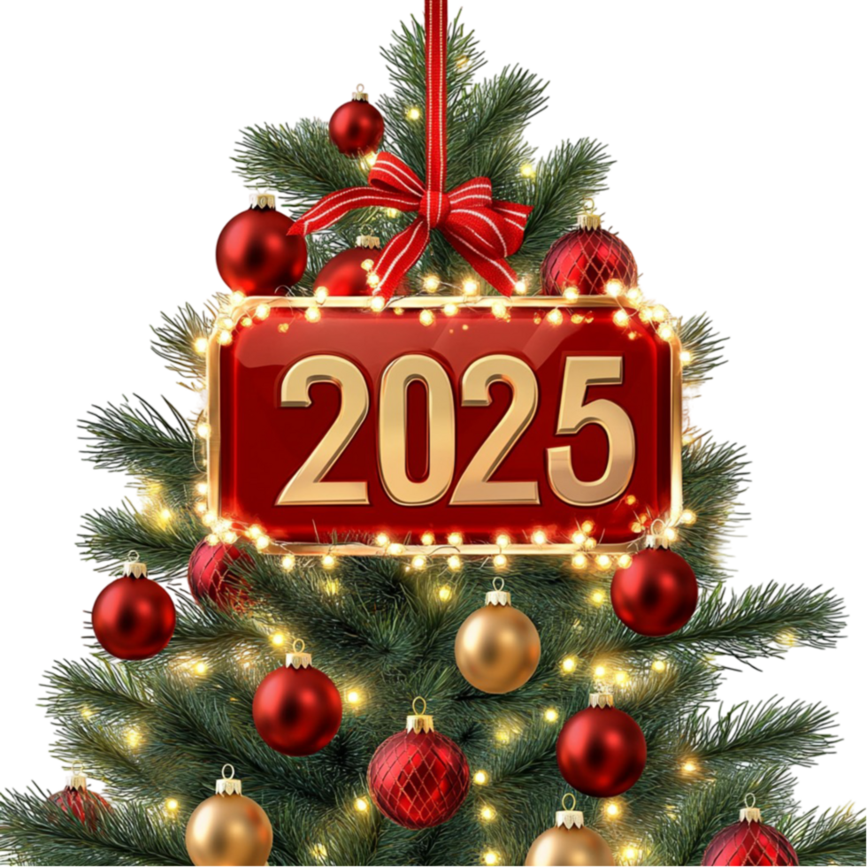 New Year 2025 Christmas Tree with Red and Gold Decorations on Transparent Background png