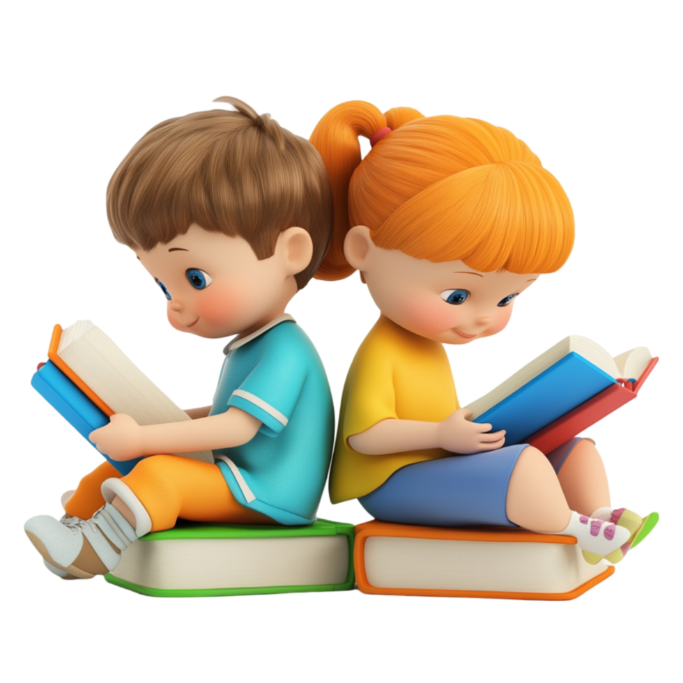 Cartoon Pair of Boy and Girl Reading a Story on a Transparent Backdrop png