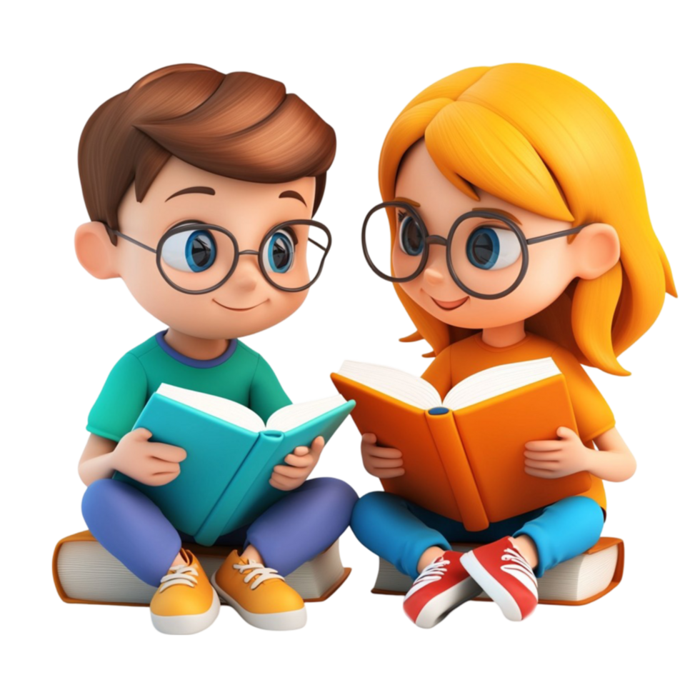 Cartoon Boy and Girl Reading Books on Transparent Background png
