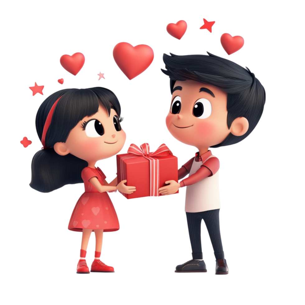 Cartoon Couple Exchanging Gifts And Herats on Valentine's Day on Transparent Background png