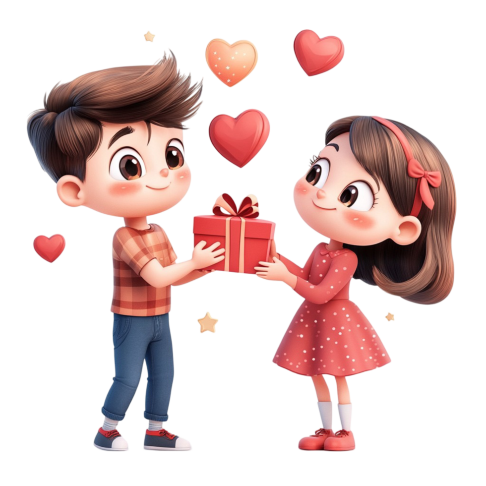 Cartoon Boy and Girl Giving Each Other Gift on Valentine's Day On Transparent Background,. png