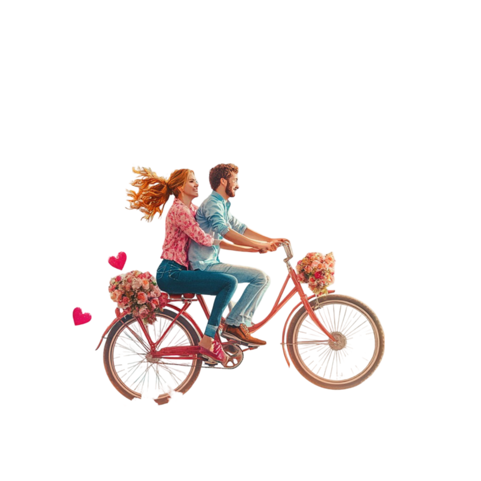 Couple Riding on a Bicycle with Flowers On Transparent Background png