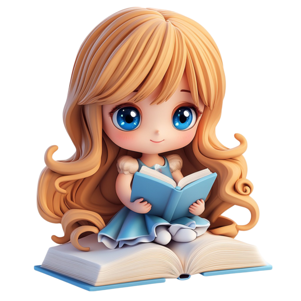 Young Girl Focused on a Book on Transparent Background png