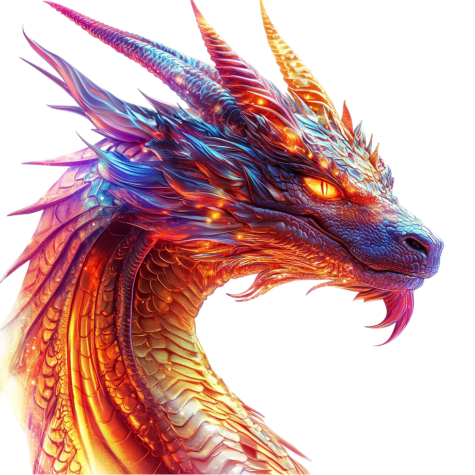 Dragon Head with Colorful Wings and Horns on Transparent Background png