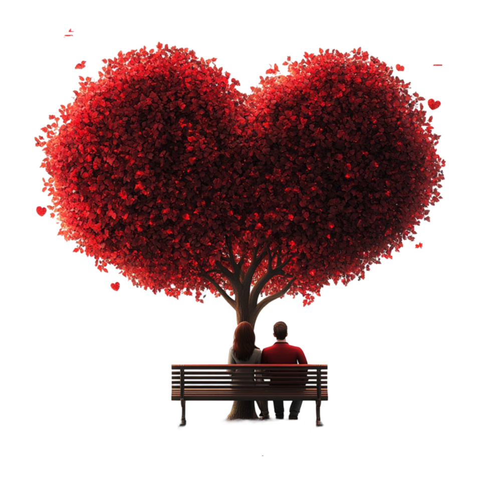 Love Tree and Couple Sitting on Bench on Transparent Background png
