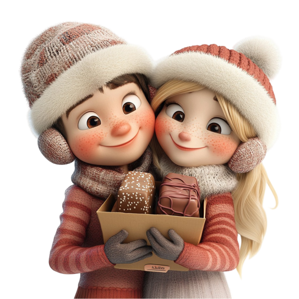 Cartoon Couple Holding a Box of Chocolates on Transparent Background png