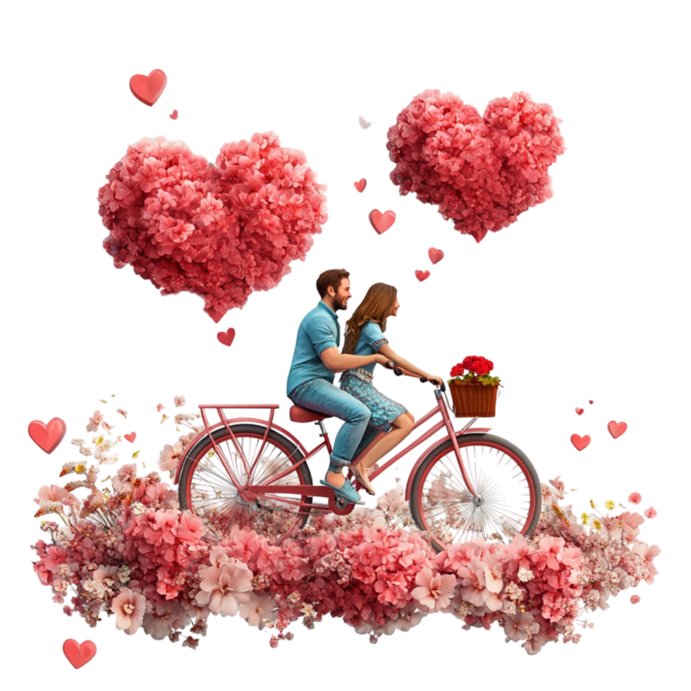 3D Illustration of a Couple Riding a Bicycle with Hearts on Transparent Background png