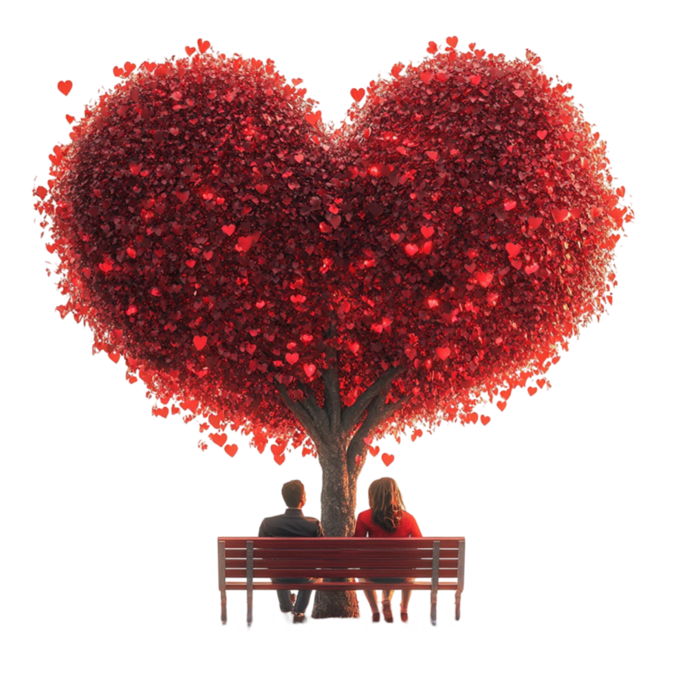 Couple Sitting on Bench Under Heart Tree on Transparent Background png