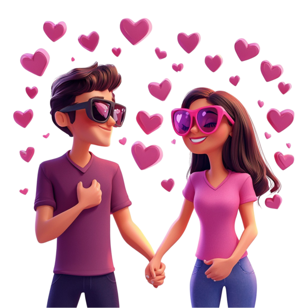 Cartoon Couple Holding Hands and Wearing Sunglasses on Transparent Background png